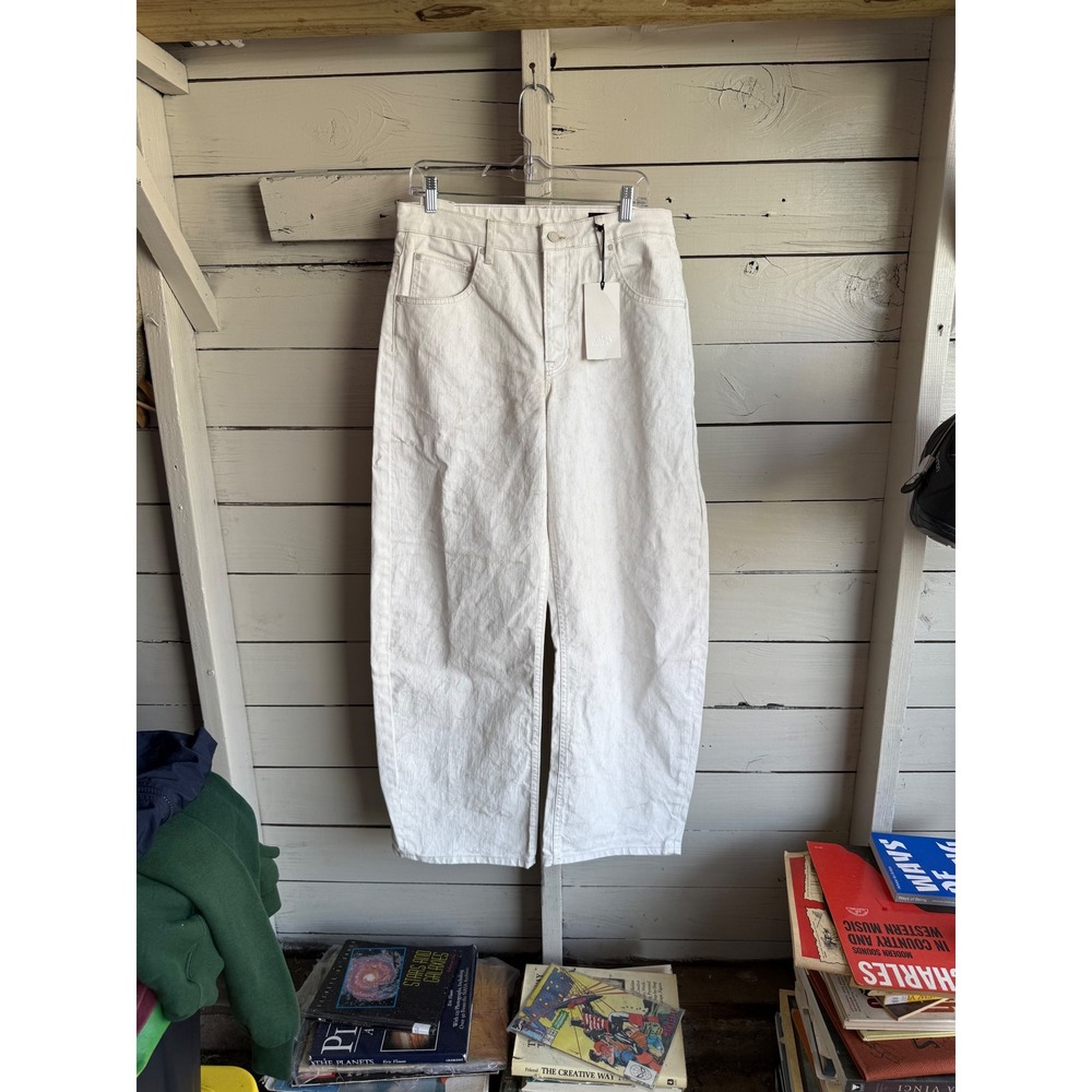 Zara The Tapered Crashed Pant Off White Ecru Textured Denim Jeans Size 8 40